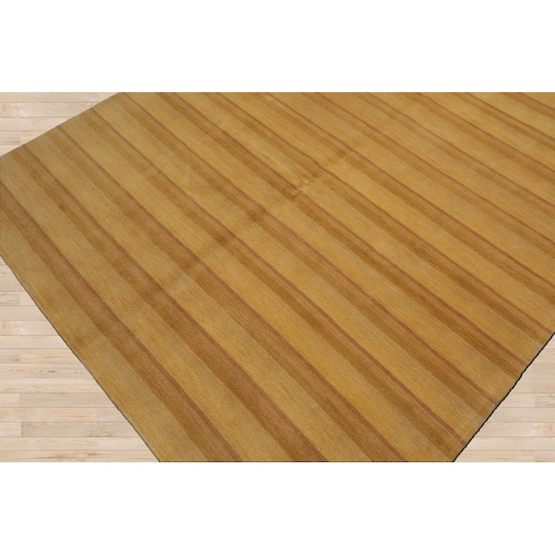 Hand Knotted Tibetan Gold, Tan Striped Wool Modern Oriental Area Rug - 6' x 8' 11''