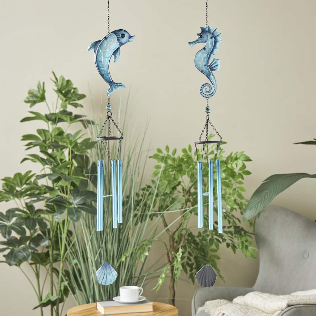 Blue Metal Animals Sea Life Windchime with Dangling Seashells (Set of 2)