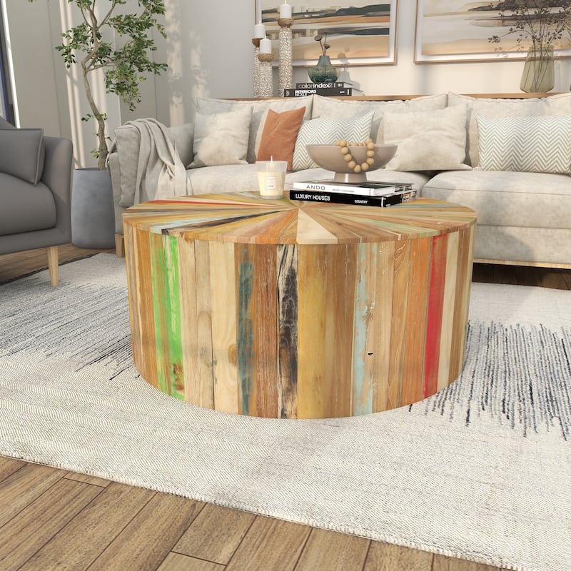 Brown Reclaimed Wood Handmade Pinwheel Drum Geometric Coffee Table with Colorful Painted Accents