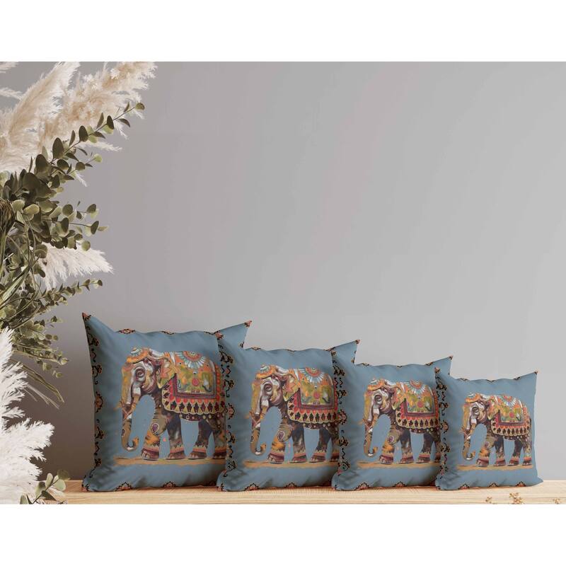 Decorated Elephant Indoor/Outdoor Reversible Throw Pillow Blue and Orange