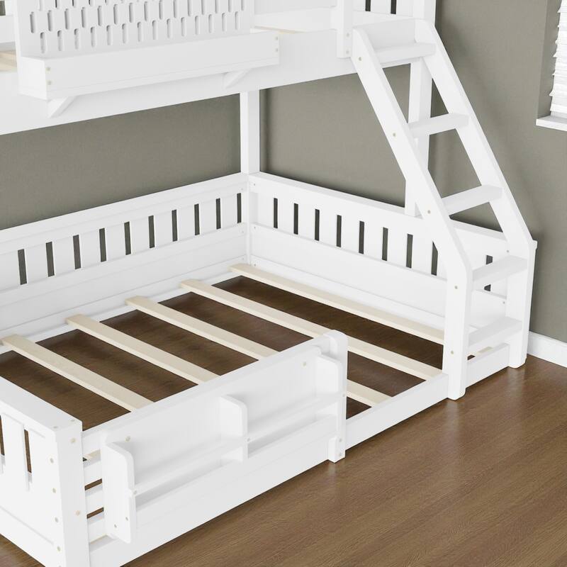Twin XL over Queen Bunk Bed with Ladder, Guardrails, Pegboard Storage and Built-in Bookshelf, Solid Wood Frame