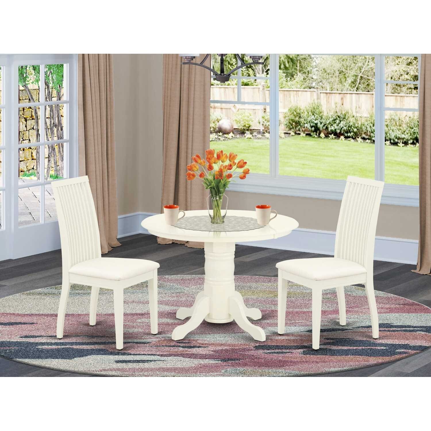 Round Dinette Set 3pc - Kitchen Table & Chairs, White - Small Space Dining Room Furniture