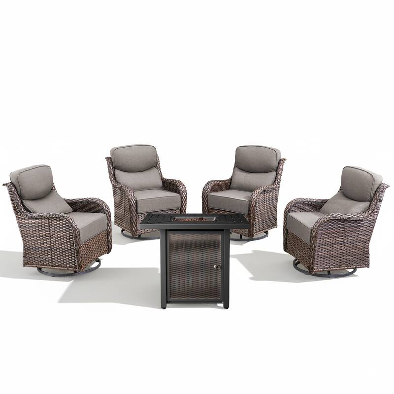 Arcadia 5-Piece Wicker Patio Set with 4 Swivel Glider Chairs and Square All-Iron Fire Pit