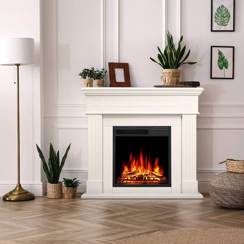 Electric Fireplace Mantel Wooden Surround Firebox, Remote Control - Cream