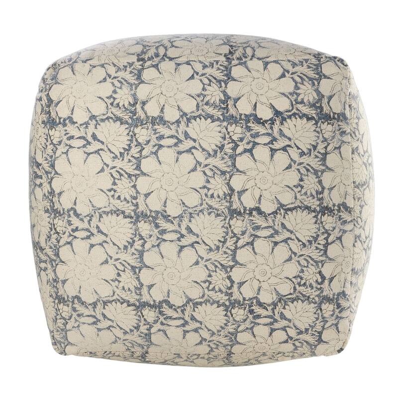 20" Navy Blue and White Floral Handmade Square Pouf Ottoman