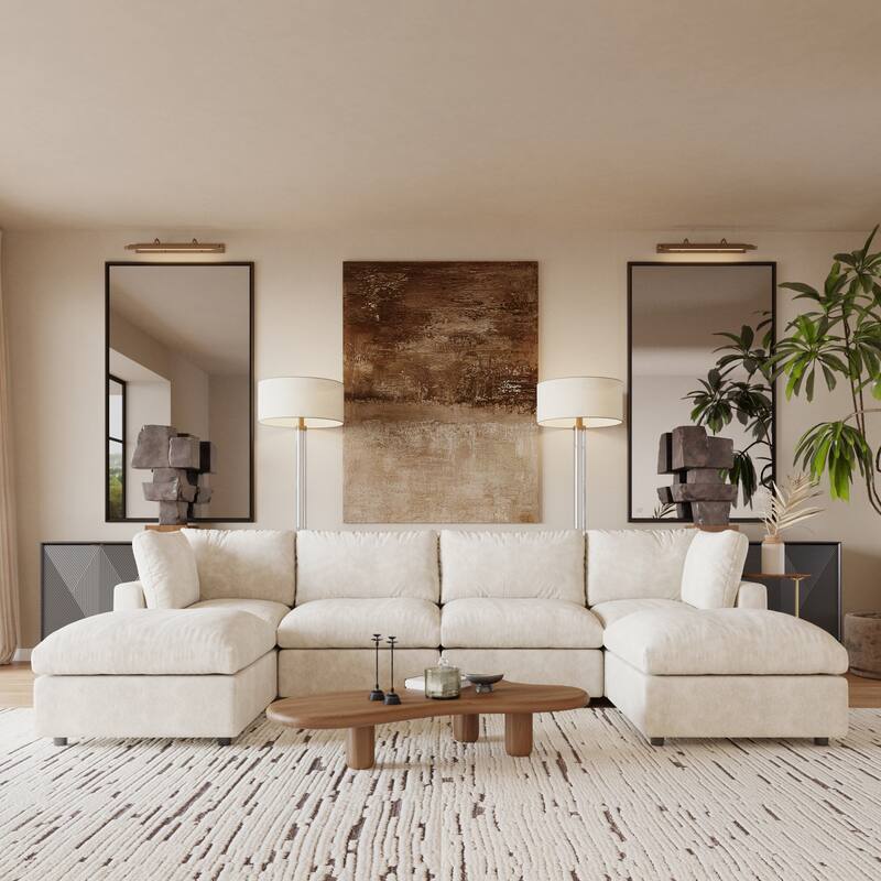 Cloud Couch Modular Sectional Sofa, 134" U Shaped Couch for Livingroom, Oversized Convertible Wide Seater with 2 Ottomans - Beige
