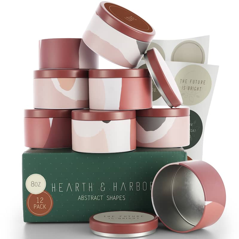 Hearth & Harbor Candle Tins - Candle Jars for Making Candles - DIY Candle Containers with Lids - 8Oz - Set of 12 - Abstract Shapes