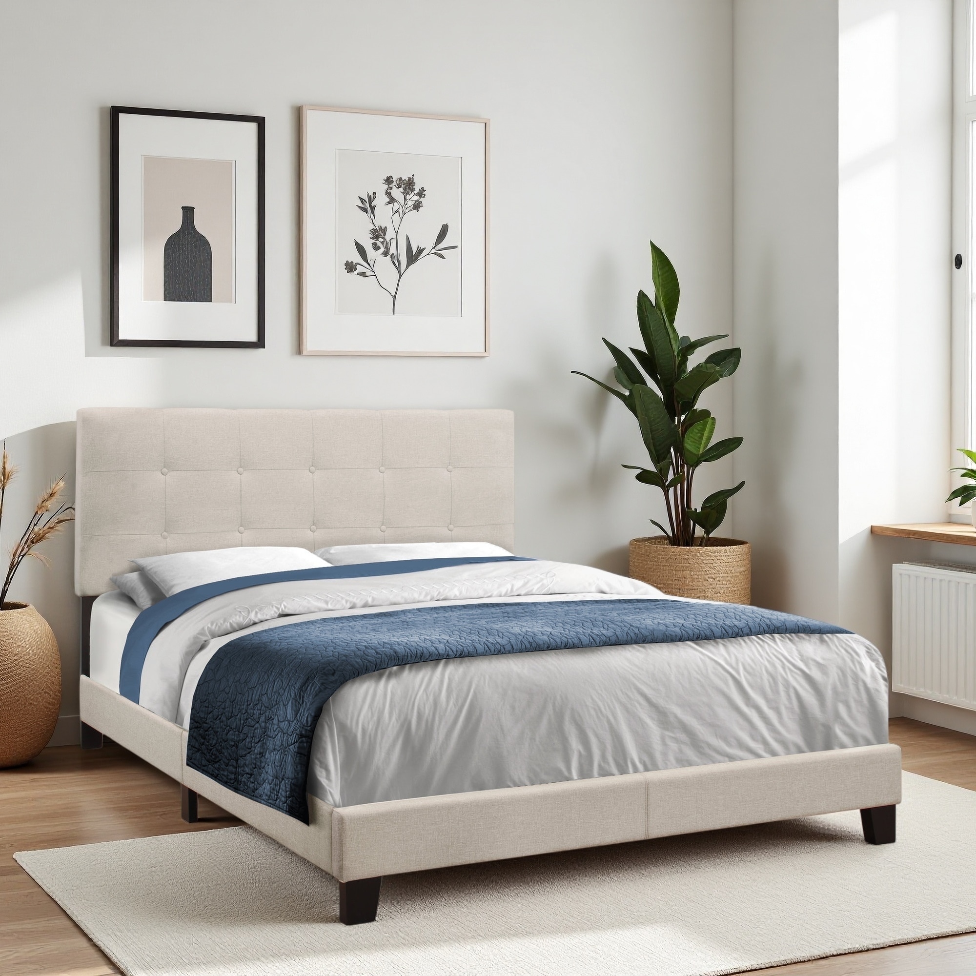 Queen Size Upholstered Platform Bed with Tufted Headboard, Plastic Legs, and Transitional Style