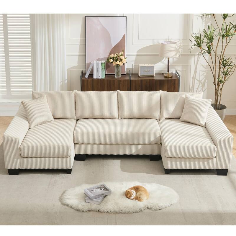U Shaped Sofa Convertible Pull Out Sleeper Sofa Bed, 2 in 1 Recliner Sectional Couch, Corduroy Upholstery Daybed with Pillow