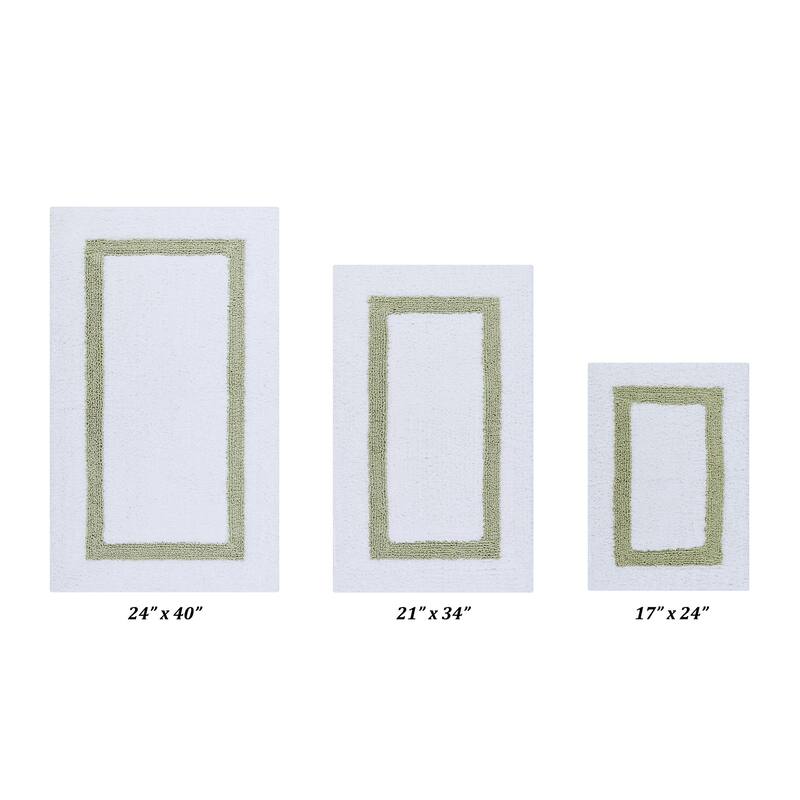Better Trends Hotel Collection in Race Track 100% Cotton Super Absorbent Reversible Double Sided Machine Washable Bath Mat Rug - 3 Piece Set (17" x 24" | 21" x 34" | 24" x 40") - White & Sage