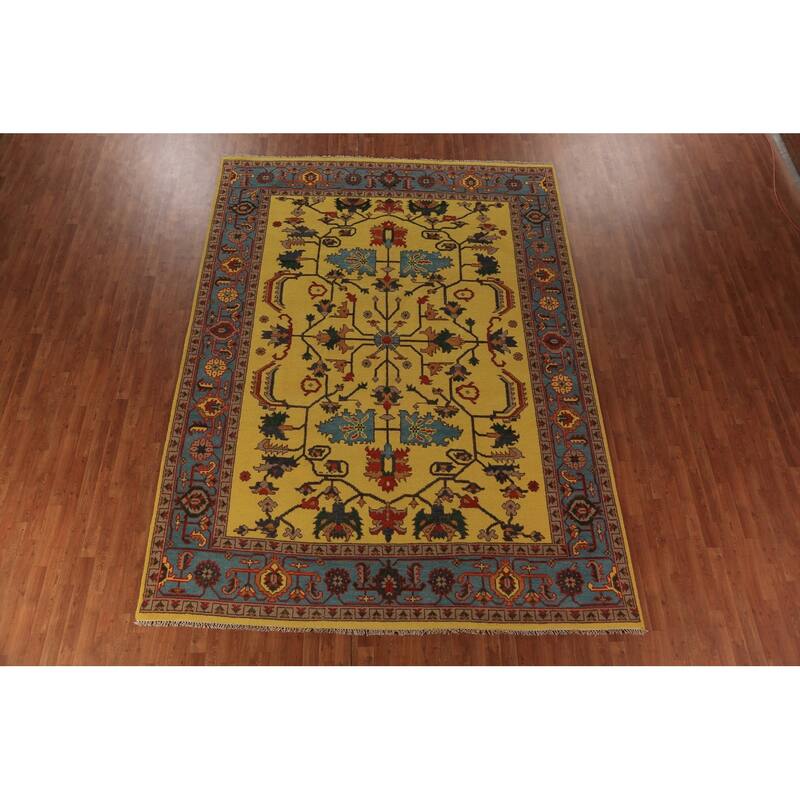 Yellow Oushak Indian Area Rug Hand-Knotted Wool Carpet - 8'10"x 11'10"