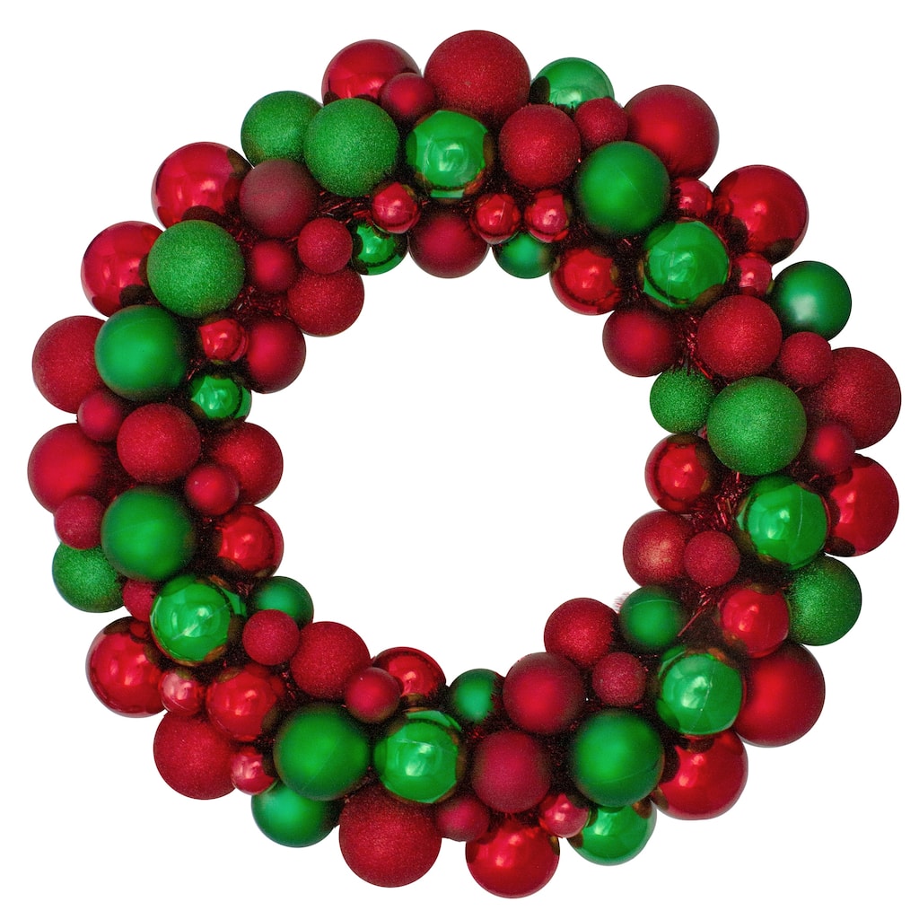 Red Green 3-Finish Shatterproof Ball Christmas Wreath - 24-Inch, Unlit