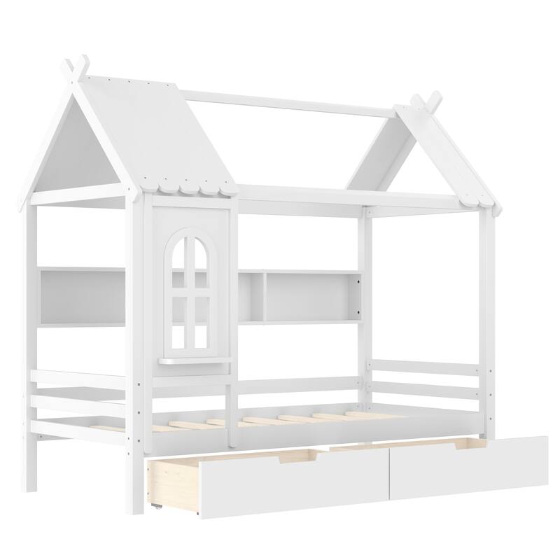 Charming House Bed for Girls, Boys Low Platform Bed Frame with Under-bed Drawers, Storage Shelves, Window and Roof