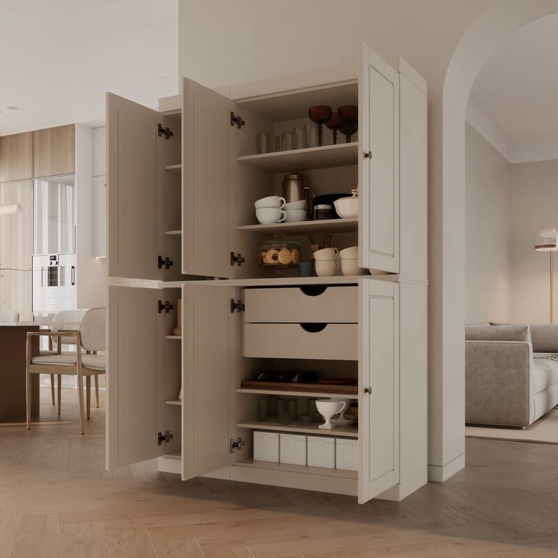 Palace Imports 100% Solid Wood China Pantry with Glass or Solid Wood Doors and 2-Drawers - 48.5" x 71.5" - Beige - Solid