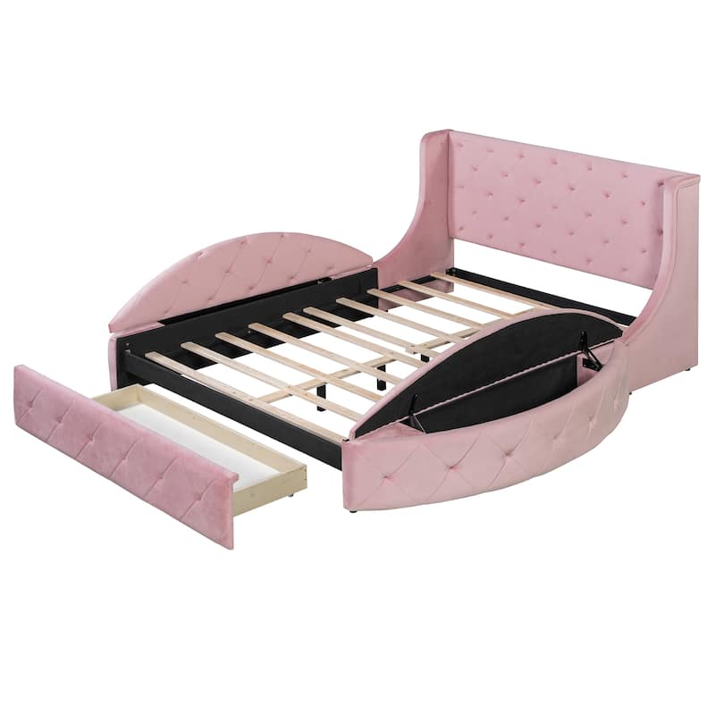 Queen Size Platform Bed with Drawer and 2 Side Storage Stool Velvet Upholstered Bed