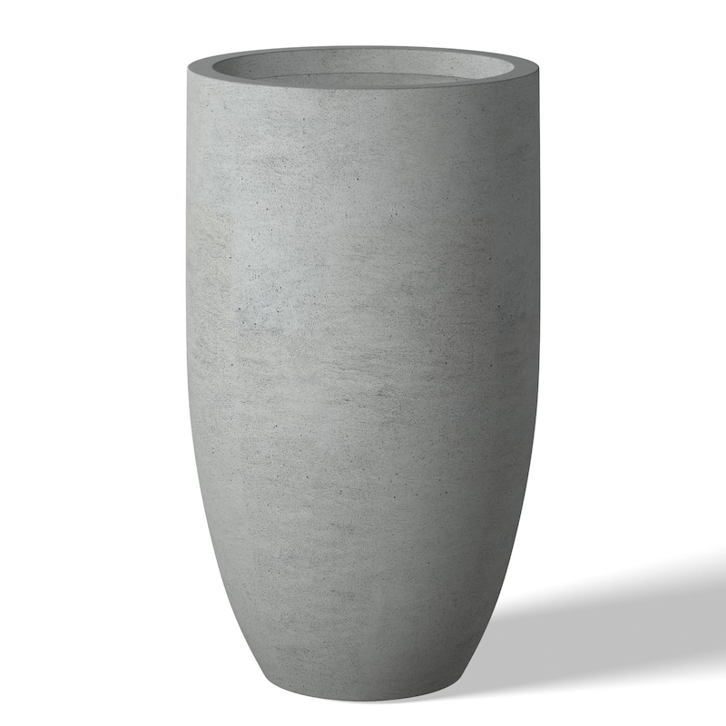 Textured Granite Gray Tall Concrete Round Plant Pots / Large Indoor and Outdoor flower Planters (13.5 Inch x 24.5 Inch)