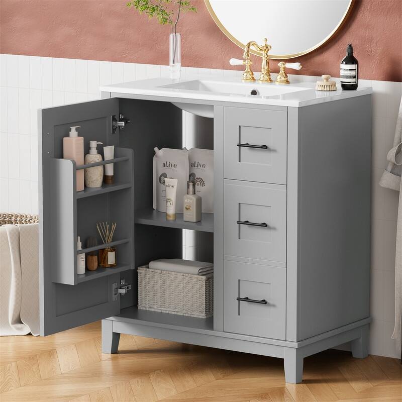 30'' Bathroom Vanity with Ceramic Sink, Freestanding Bathroom Vanity Cabinet with 3 Drawers, 1 Soft Close Door and Storage Rack
