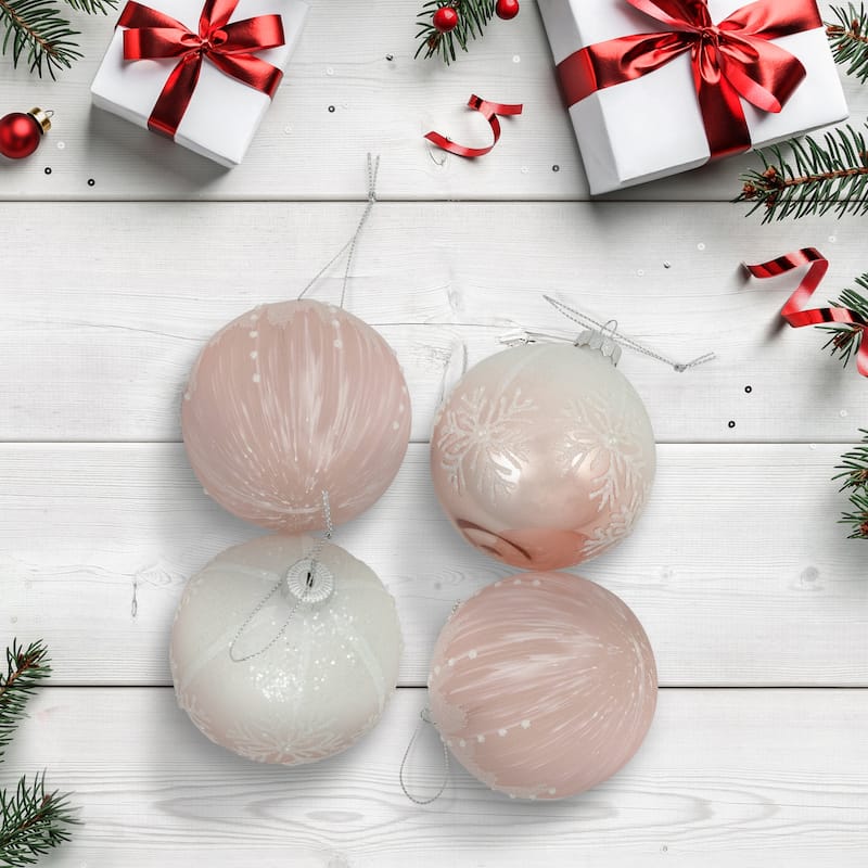 Snowflakes Glass Ball Christmas Ornaments - 3" (80mm) - Pink and White - 4ct