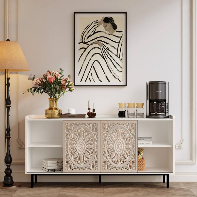 Mid-Century Modern Storage Cabinet, White Curio Buffet for Living Room, Wood Sideboard Buffet Cabinet, Accent Display Cabinet