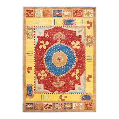 Overton Hand Knotted Wool Vintage Inspired Modern Contemporary Modern Yellow Area Rug - 6' 2" x 8' 10"