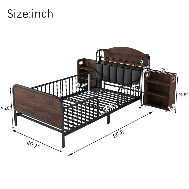 Kids Platform Bed Metal Frame with Linen Fabric Upholstered Storage Headboard Built-in Light Strip, Both Sides Rails
