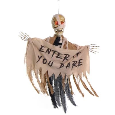 Haunted Hill Farm Danger McRibsey the Animatronic Skeleton Mummy Greeter with Banner for Halloween Decoration