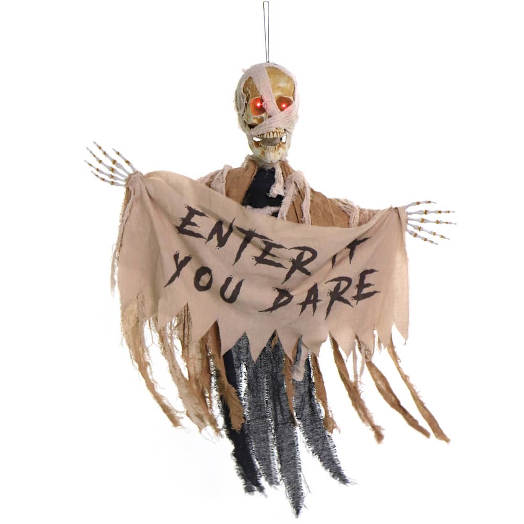 Haunted Hill Farm Danger McRibsey the Animatronic Skeleton Mummy Greeter with Banner for Halloween Decoration