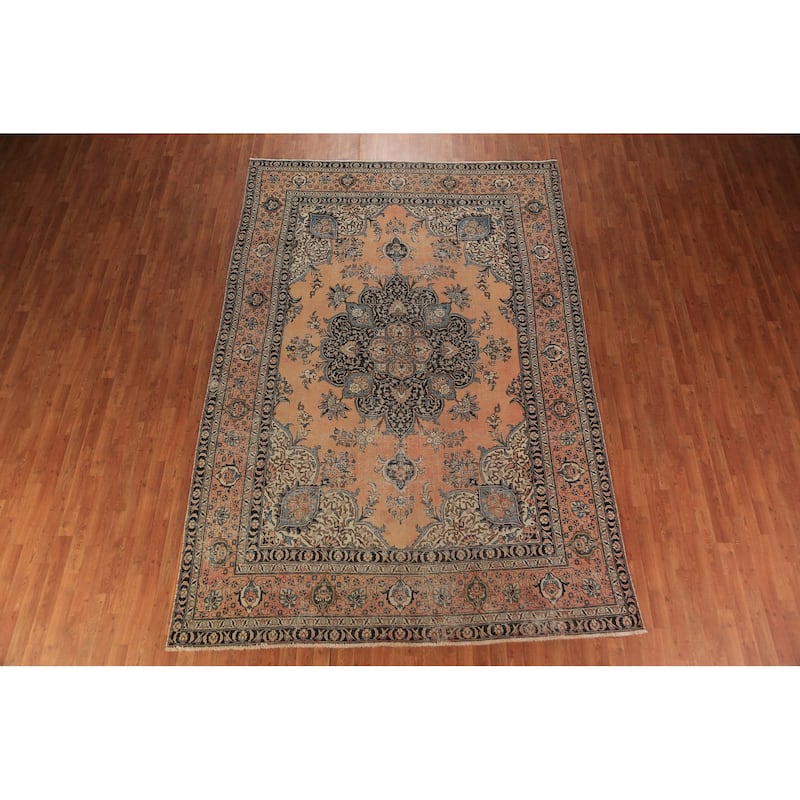 Orange Geometric Tabriz Persian Vintage Rug Handmade Wool Carpet - 7'7" x 11'5"