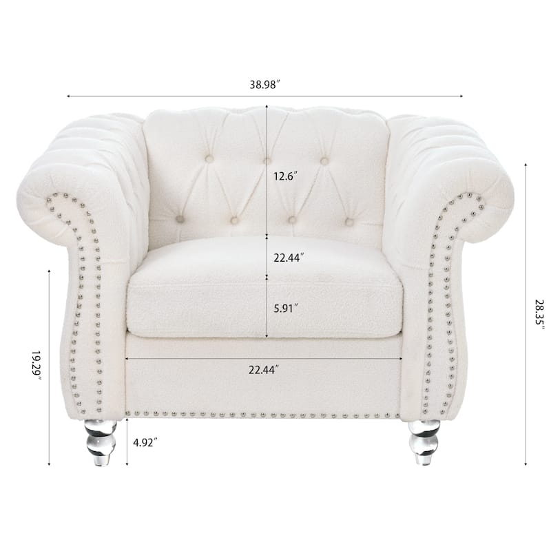 White Teddy Modern 38.98" Upholstered Buttons Tufted Accent Chair with Gourd Shaped Birch Legs and Nailheads