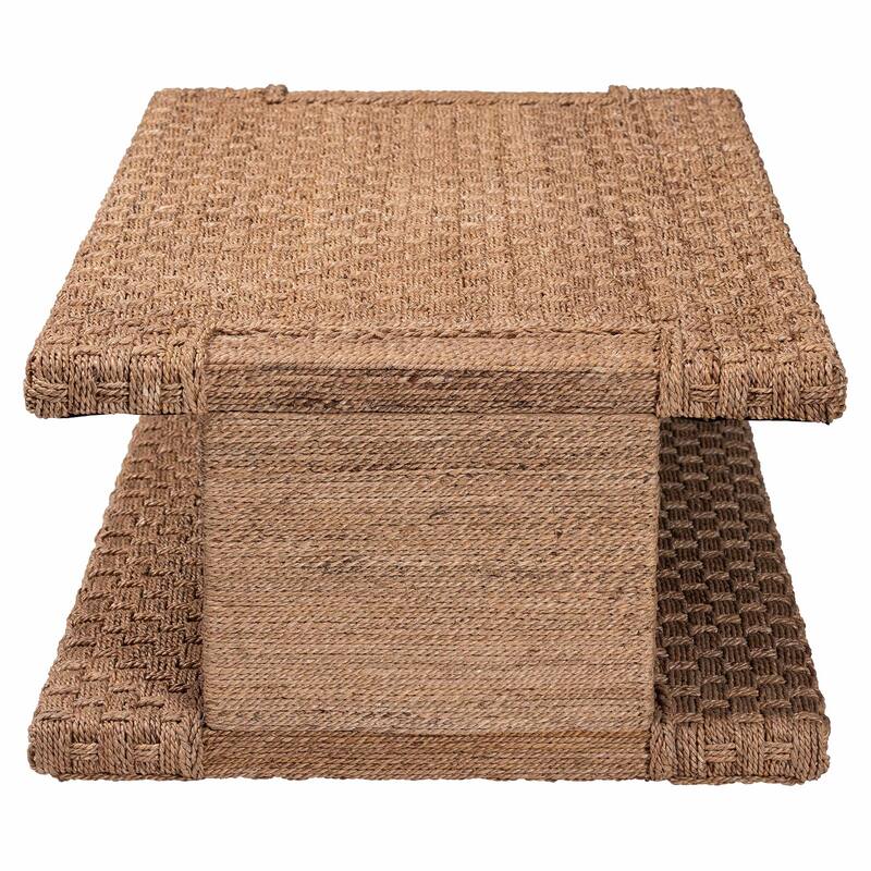 Rhinos Handwoven Seagrass Coffee Table with Open Shelf - Rectangular Wicker Center Table for Living Room, Coastal Boho Style