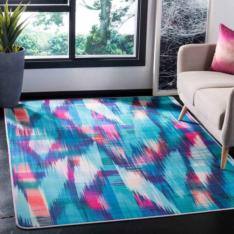 SAFAVIEH Daytona Machine Washable Slip Resistant Hrund Graphic Abstract - 3' x 5' - Turquoise/Fuchsia - Rectangle