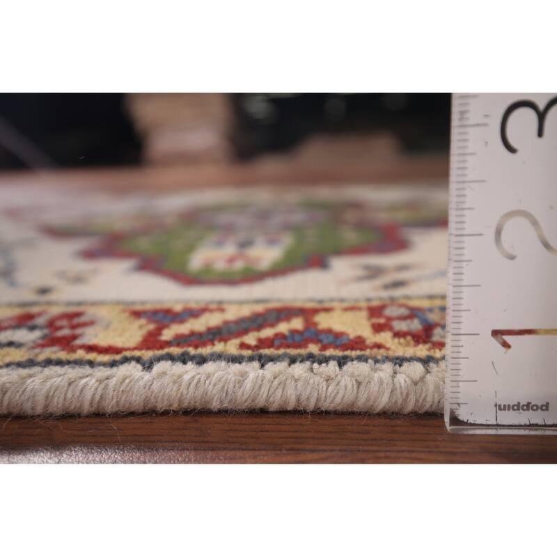 Geometric Kazak Runner Rug Hand-Knotted Beige Wool Carpet - 2'6"x 9'10"