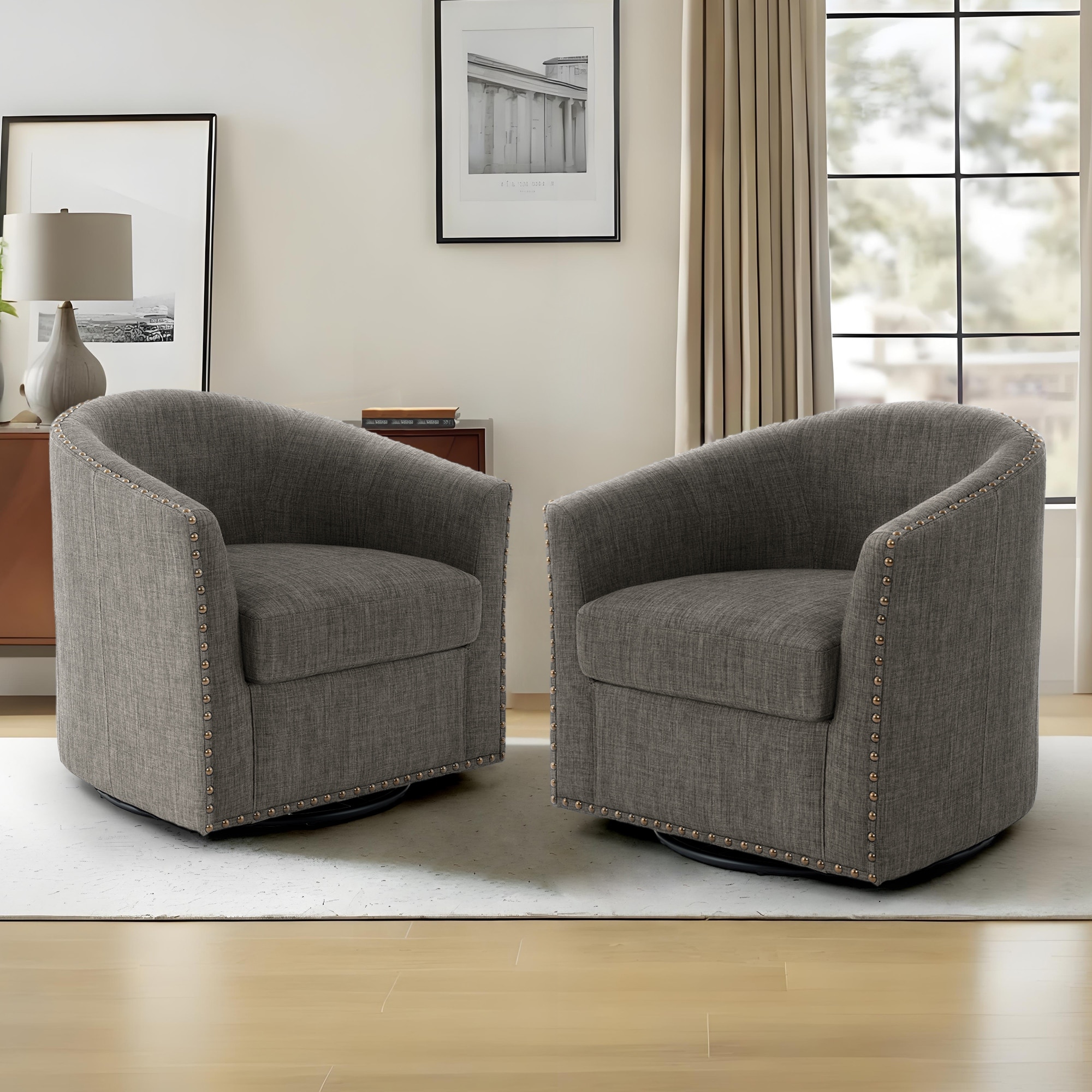George 2 Set 30"W Upholstered Swivel Barrel Chair with Nailheads