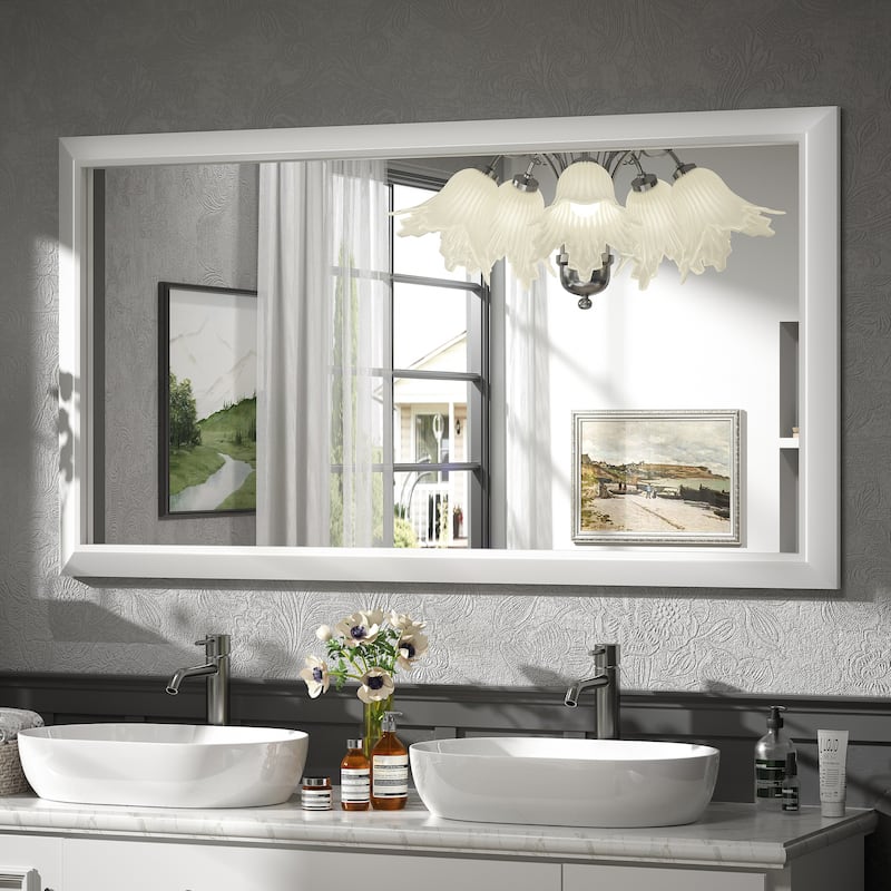 Beveled Metal Rectangle Framed Bathroom Vanity Tempered Glass Mirrors - 55" x 30" - White