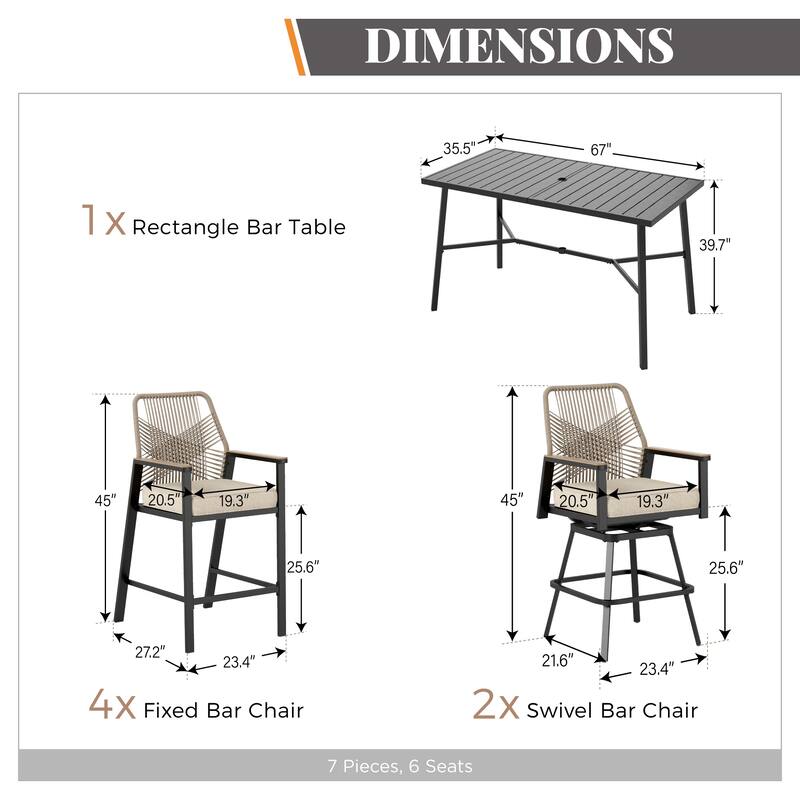 7-Piece Outdoor Patio Wicker Bar Counter Height Stool Set with Back and Cushion
