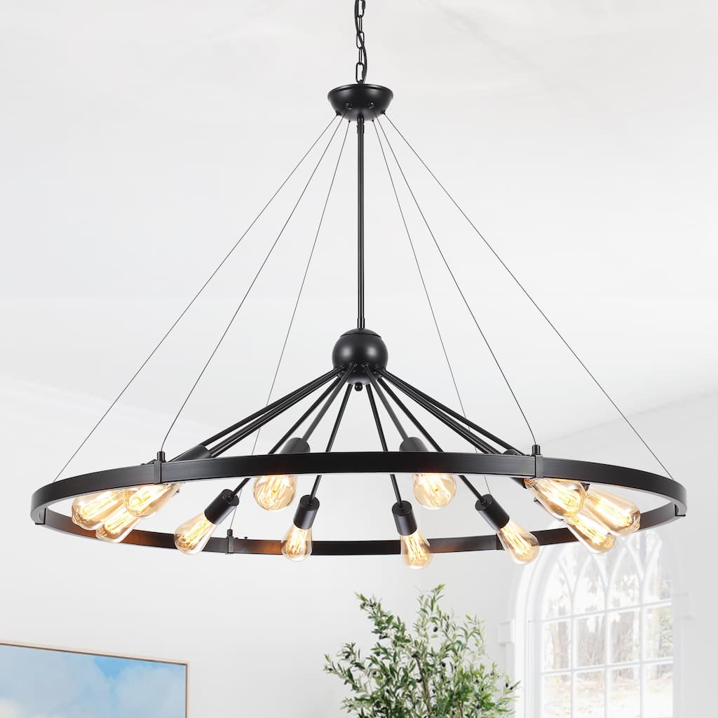 43'' Large Farmhouse Metal Round Wagon Wheel Chandelier for Dining Room