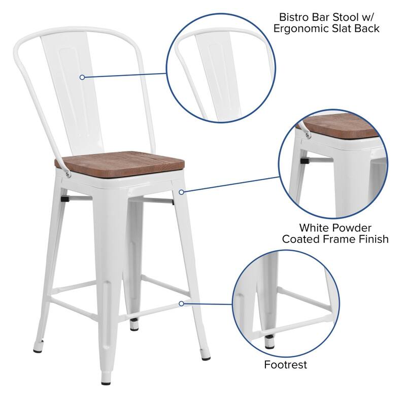 4 Pack 24" High Metal Counter Height Stool with Back and Wood Seat - 17.75"W x 20"D x 39.25"H