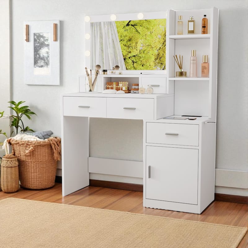 Makeup Vanity Table with LED Mirror, USB Ports, Hair Dryer Holder, Storage Shelves, 4 Drawers & Cabinet for Bedroom