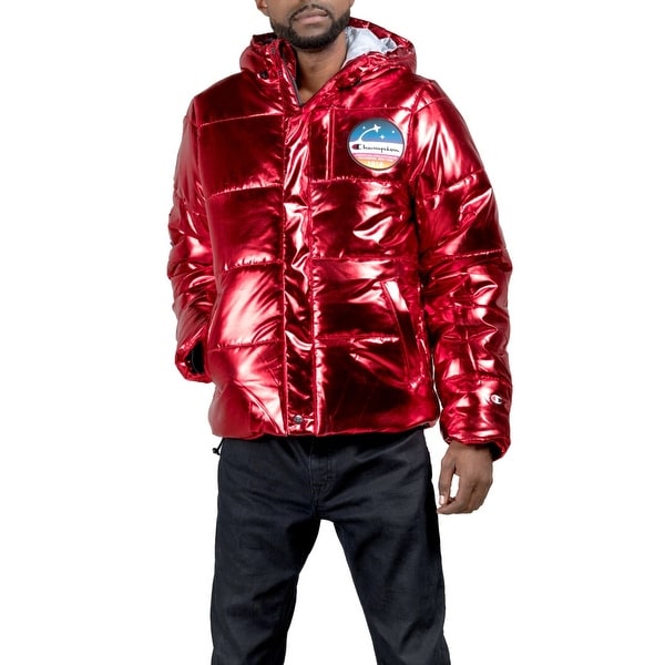 champion red puffer jacket metallic