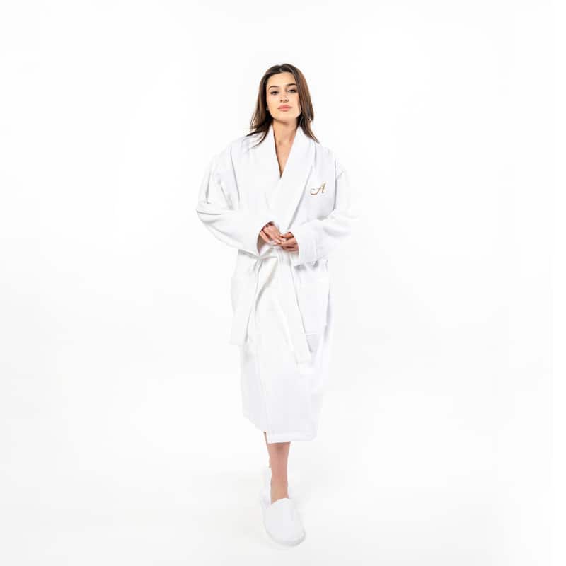 Authentic Hotel and Spa 100% Turkish Cotton Personalized Unisex Anovia Velour Bathrobe - Gold Script Font