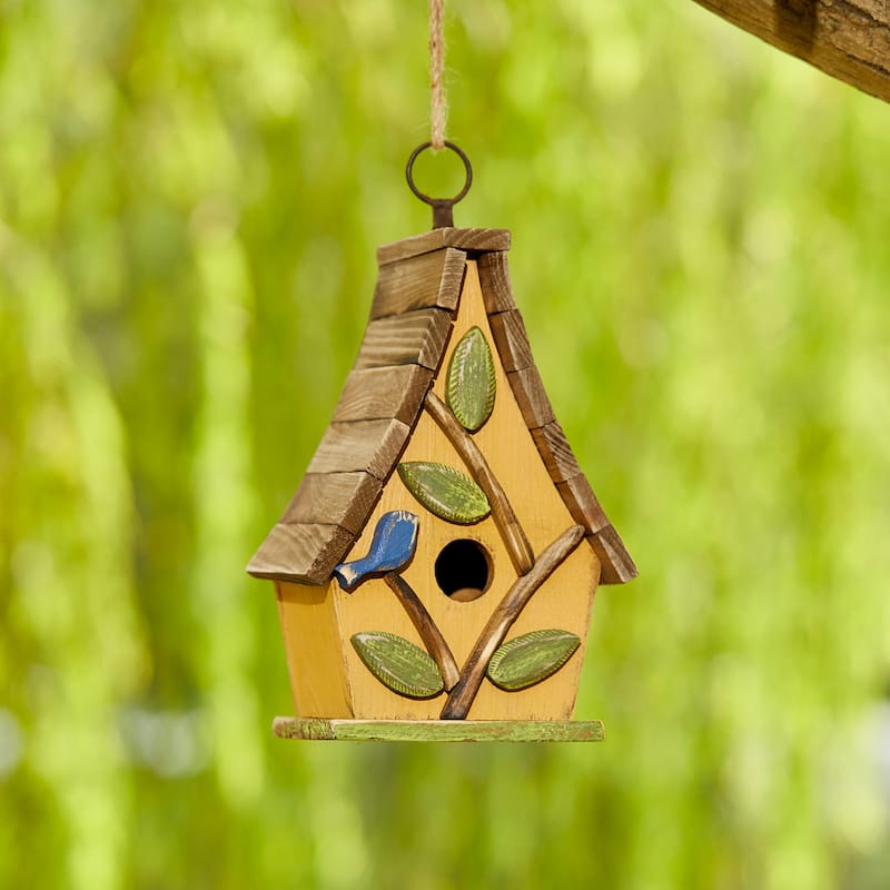 Glitzhome 12.5"H Distressed Solid Wood Birdhouse with 3D Leaves