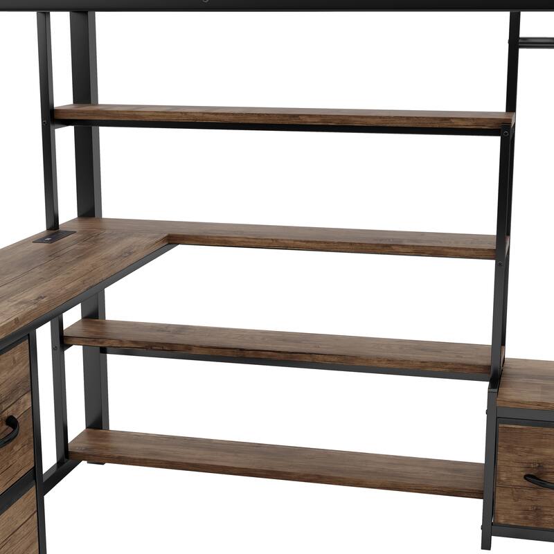 Queen Size Loft Bed with Desk, LED, Storage Shelves, Wardrobe, and Drawers for Space Efficiency
