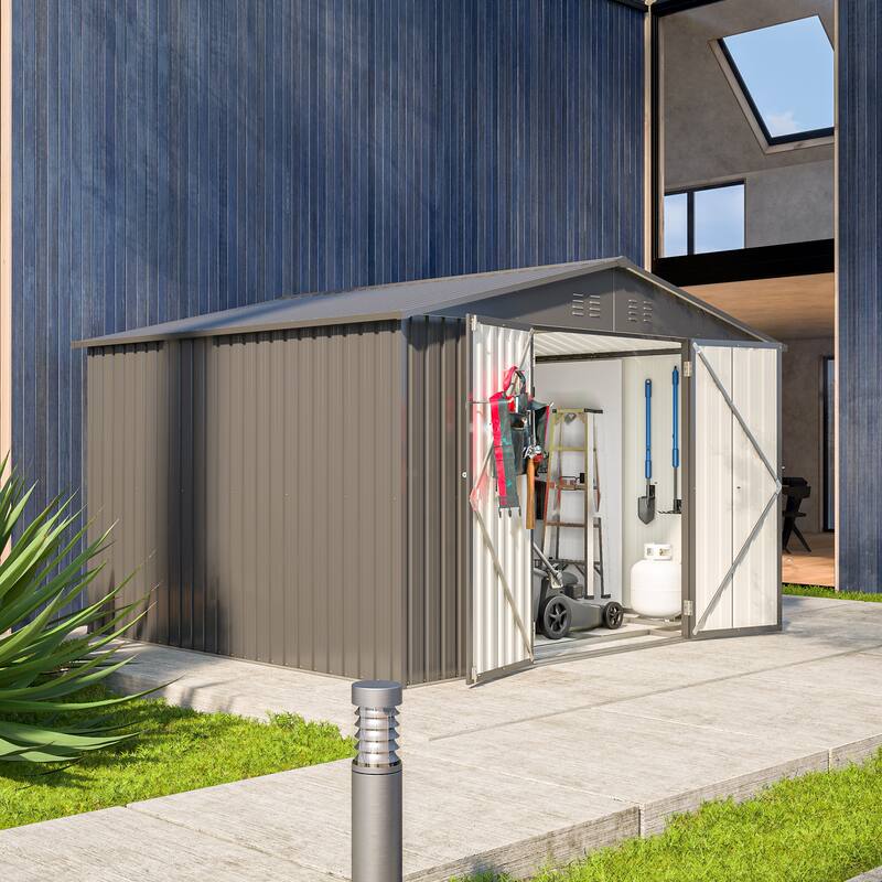 GDFStudio - Genevieve 10X8 FT Outdoor Metal Storage Shed with Lockable Doors for Garden and Backyard Organization - 10X8 FT