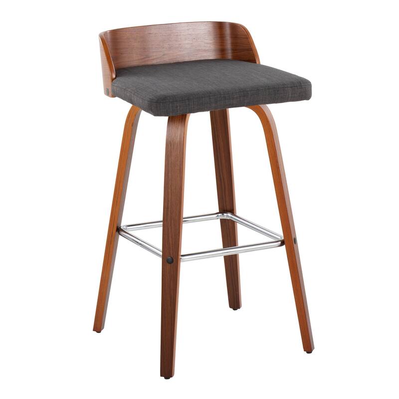 Carson Carrington Marstrand 30" Fixed-Height Bar Stool with Bent Wood Legs & Square Footrest (Set of 2) - Charcoal Fabric/Walnut Wood/Chrome Metal