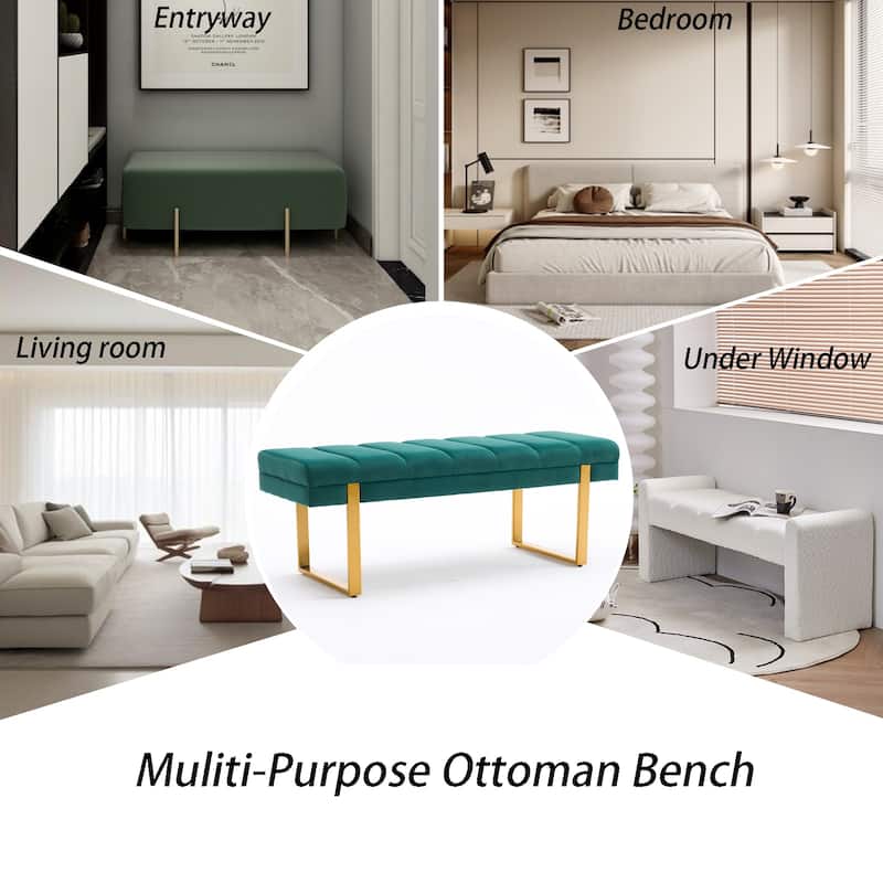 Upholstered Bedroom Bench Tufted Entryway Bench Modern End of Bed Bench Dining Bench with Gold/Black Metal Legs for Window
