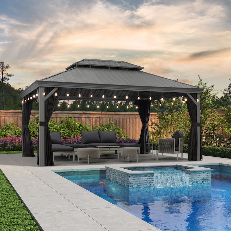 PURPLE LEAF Patio Gazebo for Backyard Hardtop Galvanized Steel Frame with Upgrade Curtain and Light - Light Grey - 12ft x 16ft