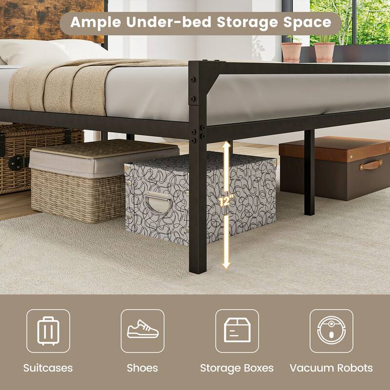 Costway Platform Full/Queen Bed with Rustic Headboard & Footboard