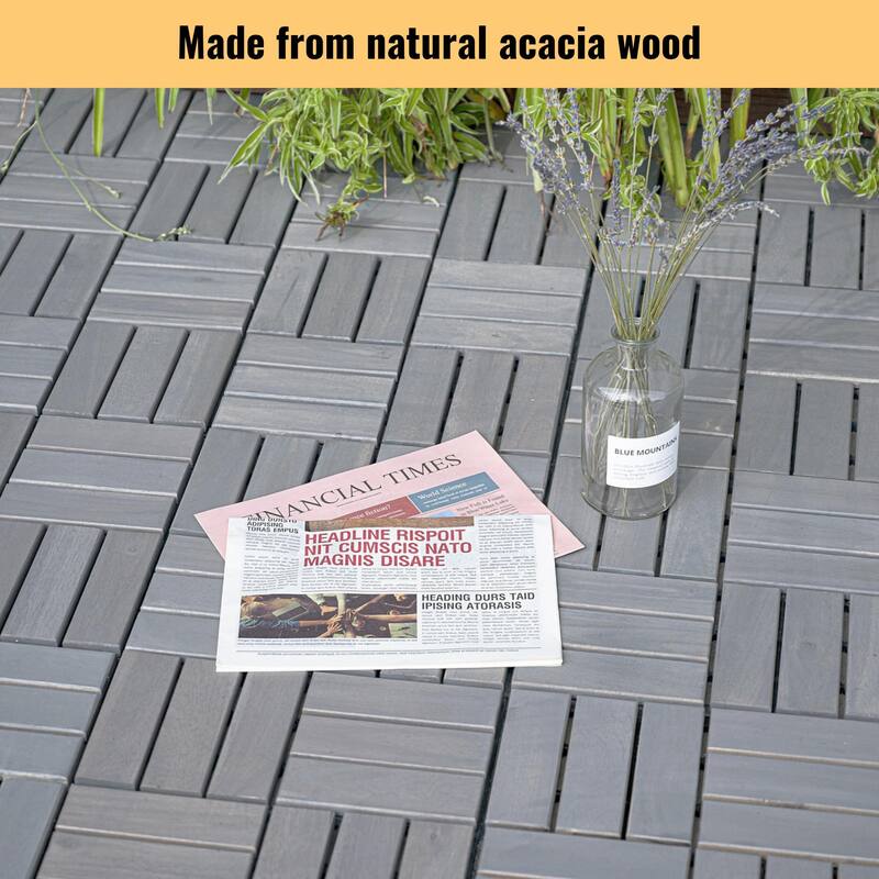 30 PCS Interlocking Deck Tiles Checker Pattern, 12" x 12" Square Acacia Hardwood Outdoor Flooring for Patio,Bancony,Pool Side