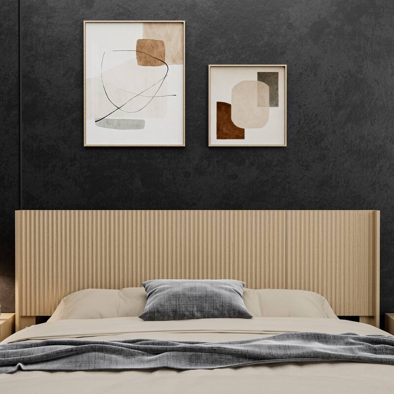 King Size Natural Oak Wood Headboard with Fluted Panel Wingback Design, 80.2 Inches Wide