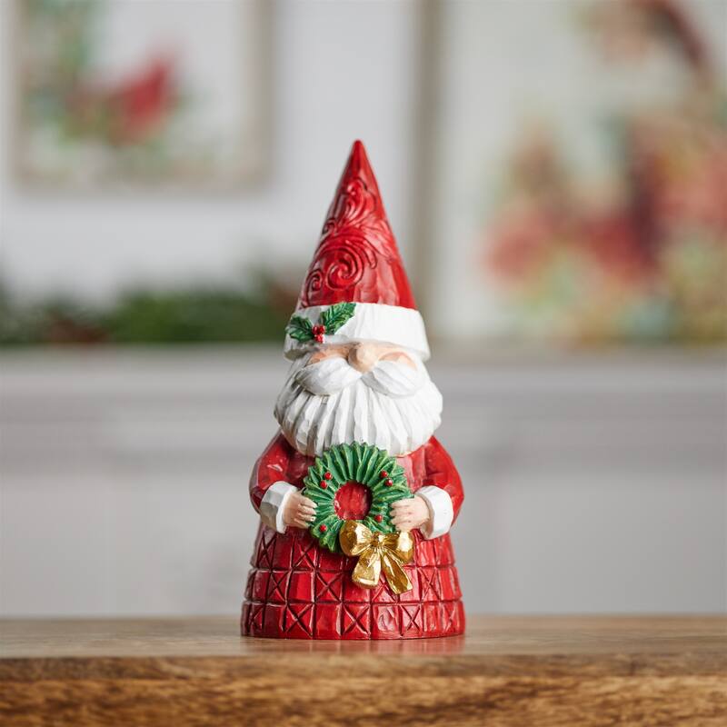 8.5" Resin Red and Green Santa Figurine with Wreath Accents for Christmas Tabletop or Mantel Decor - 3.75”L x 4”W x 8.5”H
